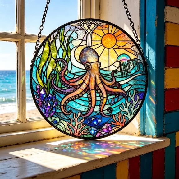 Octopus Ocean Faux Stained Glass Acrylic Suncatcher, Window Hanging Decor, Beach House Gift