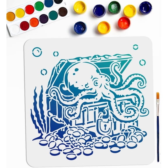 Octopus Ocean Treasure Stencil 11.8×11.8inch Large Octopus Treasure Box Stencils with Paint Brush Summer Sea Ocean Life Coral Drawing Template for Craft Furniture Fabric Wall