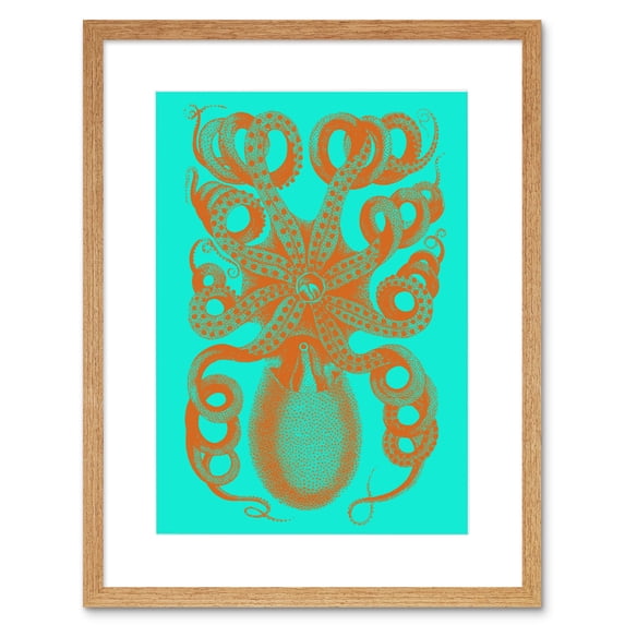 Octopus Orange Blue Illustration Art Print Framed Poster Wall Decor 9x7 inch
