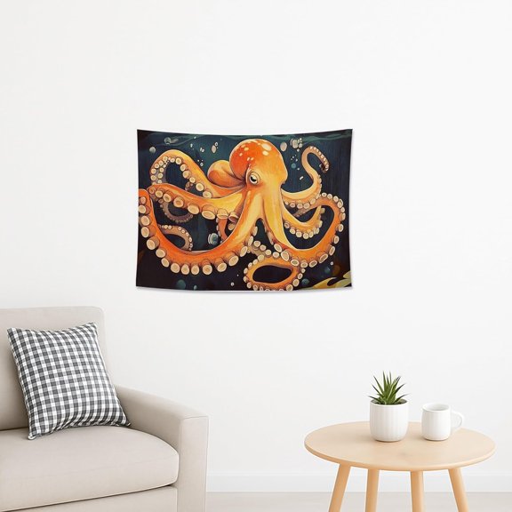 Octopus Orange Tapestry, Sea Creatures Wall Art for Nautical Home Decor, Ocean Themed Bohemian Hanging for Living Room, Bedroom, Beach House 40x30 Inch