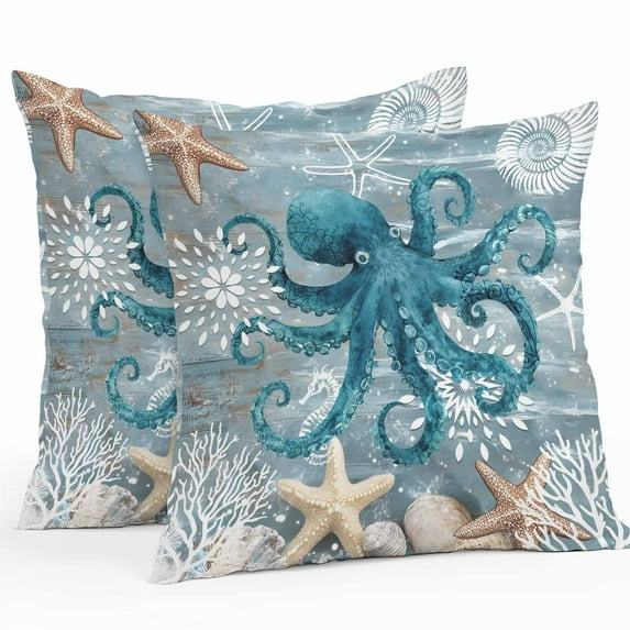 Octopus Outdoor Pillow Covers Pack of 2 Coral Starfish Coral Vintage Waterproof Throw Pillow Covers Decorative Cushion Cases for Patio Garden Tent Balcony Couch 18x18 inch