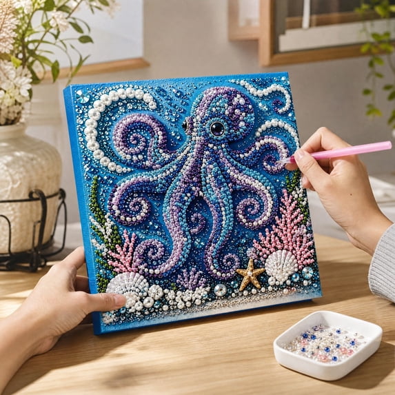 Octopus Pearl Diamond Art Kit, Ocean Animal Diamond Painting with Pearl Rhinestones, 11.8 in DIY Home Decor Craft for Adults