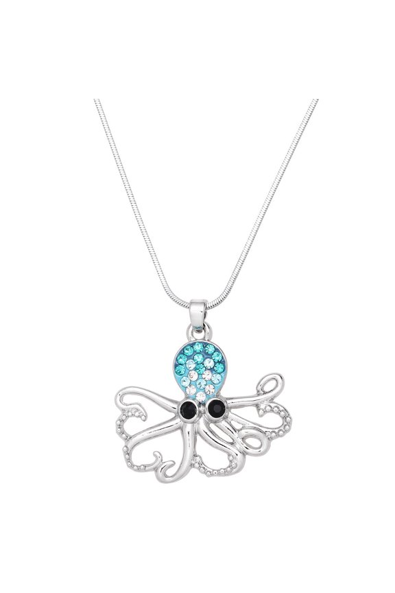 Octopus Pendant Necklace Rhinestone Crystal Rhodium Plated 17 Inch Snake Chain J1042