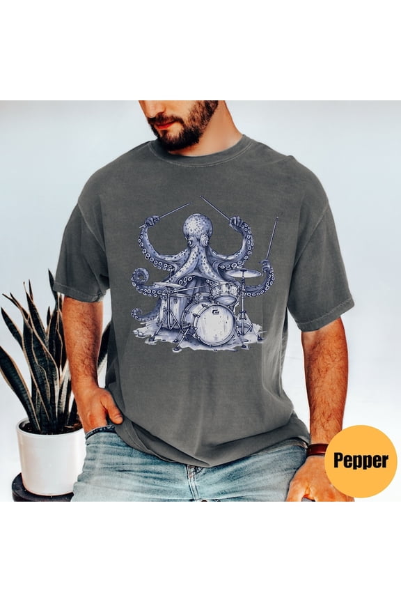 Octopus Playing Drums Retro Shirt, Vintage Octopus Drummer Graphic Tee, 90s Style Music Apparel, Comfort Colors Unisex Cotton T-Shirt, Size S-3XL
