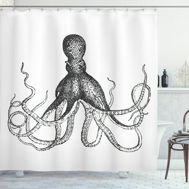 Octopus Print Kraken Nautical Tentacles Gray Shower Curtain Extra Long 84 Inch