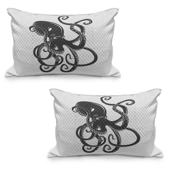 Octopus Quilted Pillowcover Set of 2, Black Danger Cartoon Octopus Characters with Curling Tentacles Swimming Underwater Art, Standard Queen Size Pillow Cover Bedroom, 36" x 20", Black, by Ambesonne