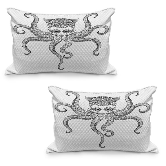Octopus Quilted Pillowcover Set of 2, Octopus Doodle Cultural Pattern Mandala Eastern Style Illustration Print, Standard Queen Size Pillow Cover for Bedroom, 30" x 20", Black White, by Ambesonne