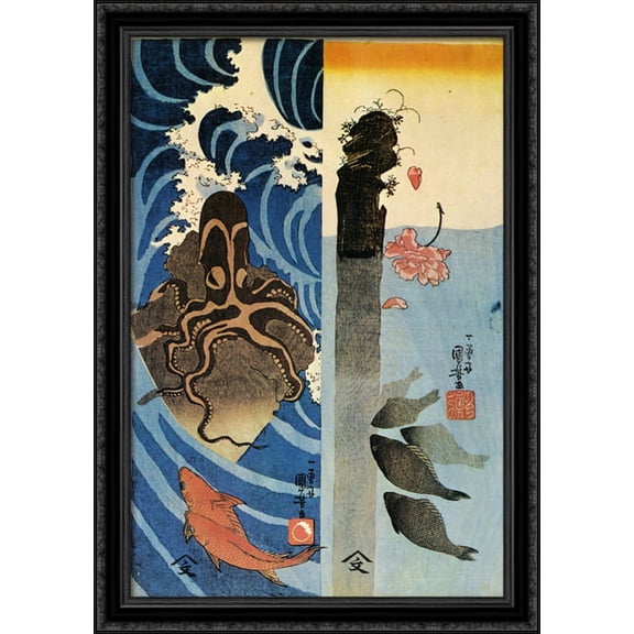Octopus, Red Fish 28x40 Large Black Ornate Wood Framed Canvas Art by Utagawa Kuniyoshi