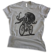 Octopus Riding Bike T-shirt, Unisex Women's Men's Shirt, Funny Octopus On Bicycle Ride Animal Lover, Dark Heather Gray, Medium