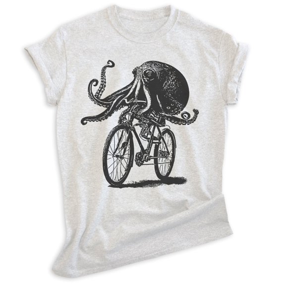 Octopus Riding Bike T-shirt, Unisex Women's Men's Shirt, Funny Octopus On Bicycle Ride Animal Lover, Heather Ash, X-Large