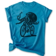Octopus Riding Bike T-shirt, Unisex Womens Mens Shirt, Funny Octopus On Bicycle Ride Animal Lover, Heather Blue, Medium