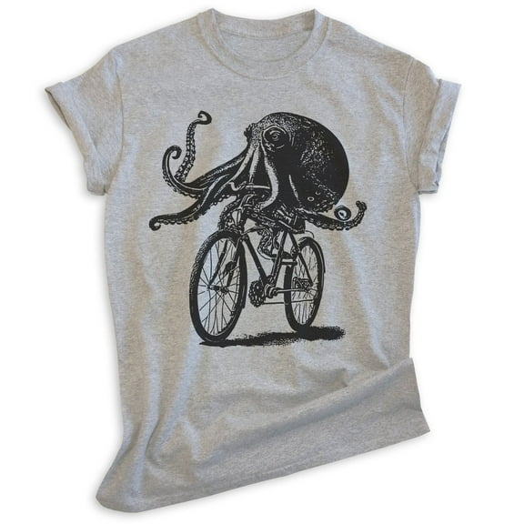 Octopus Riding Bike T-shirt, Unisex Women's Men's Shirt, Funny Octopus On Bicycle Ride Animal Lover, Heather Gray, Medium