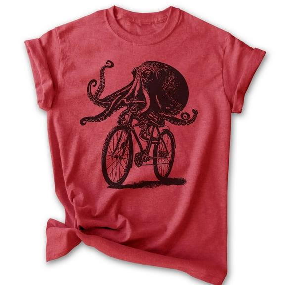 Octopus Riding Bike T-shirt, Unisex Women's Men's Shirt, Funny Octopus On Bicycle Ride Animal Lover, Heather Red, Large