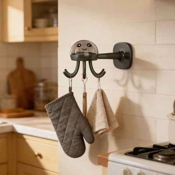 Octopus Rotating Wall Hook Rack for Kitchen Bathroom Closet – No Drilling Hanger with 360° Swivel and 6 Hooks for Utensils Towels Keys