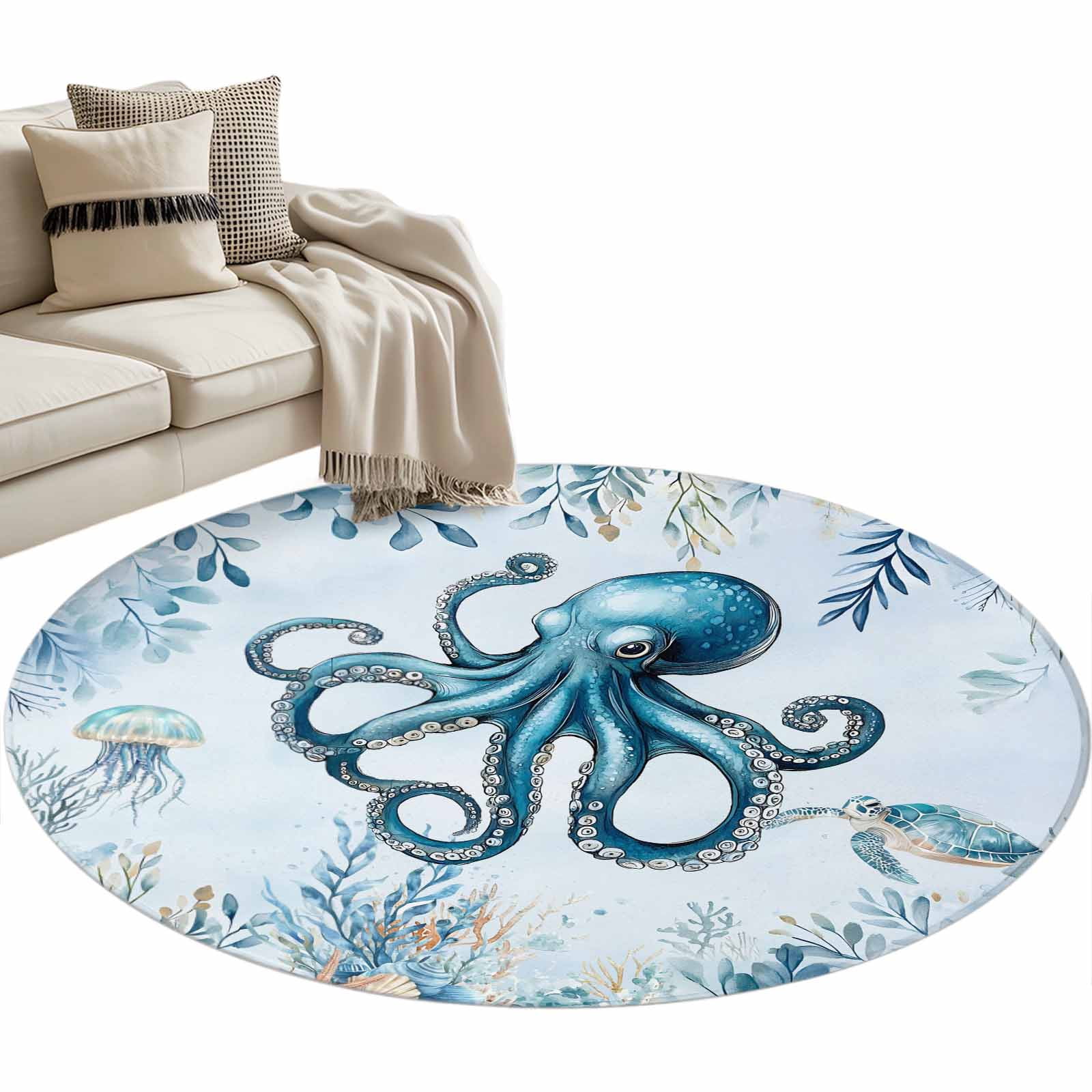 Shell Shaped Rug Extra Large Octopus Round Area Rug 3.3ft Coastal Jellyfish Shell Non-Slip Washable ...