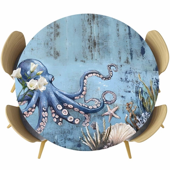 Octopus Round Tablecloth 55-60 Inch Round Fitted Table Cloth with Elastic Edge, Blue Ocean Coastal Starfish Shell Coral Retro Waterproof Table Cover Protector for Outdoor Picnic Party Dining