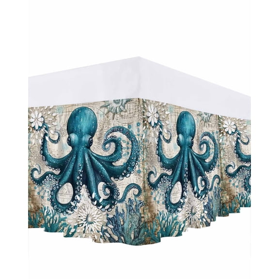 Octopus Ruffle Bed Skirt King Size Nautical Navy Blue Kraken Coral Vintage Coastal Map Adjustable Elastic Dust Bed Skirts Wrap Around Bedskirt Wrinkle Free Easy Fit with 16 Inch Drop