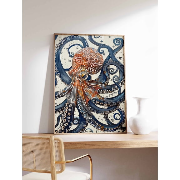 Octopus Sea Life Poster, Vintage Animal Ocean Coastal Wall Art Print