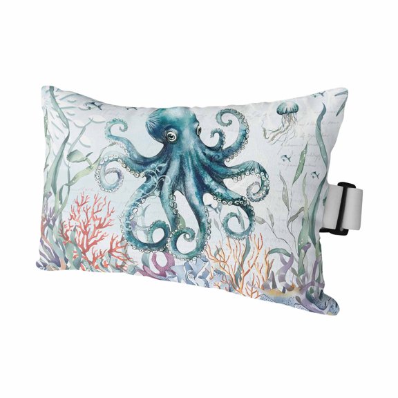 Octopus Sea Monster Coral Seaweed Outdoor Pillow for Chaise Lounge Chair,Blue Ocean World Waterproof Headrest Lumbar Pillows with Insert&Elastic Strap for Patio Pool Garden Chairs Decor,1 Pack