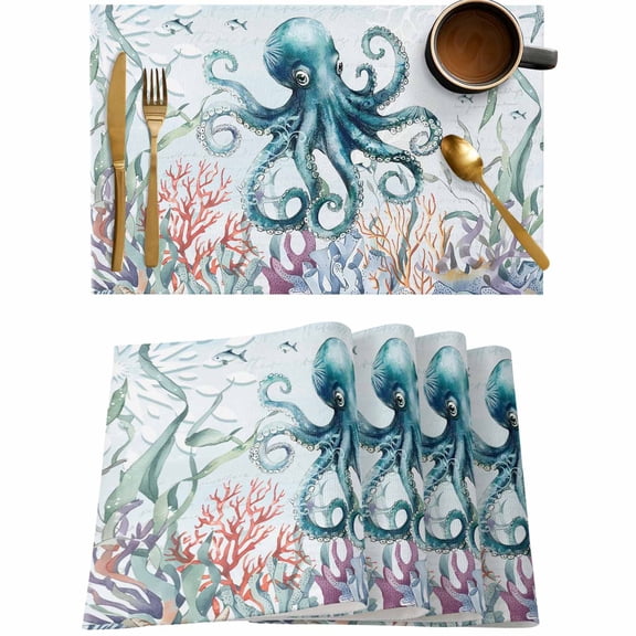 Octopus Sea Monster Coral Seaweed Placemats Set of 4,Wipeable Washable Table Mats for Dining Tables,Blue Ocean World Place Mats for Kitchen Event Party Tabletop Decor