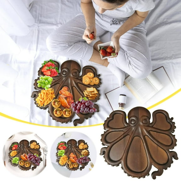 Octopus-Shaped Platter - Red Wood-Tone Design, Perfect for Serving Cold Cuts, Cheeses, Appetizers, Charcuterie, Indoor/Outdoor Parties, Lightweight & Easy to Clean Serving Dish, Brown, 11.02*11.02in