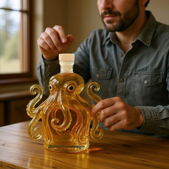 Octopus Shaped Wine Bottle, Decorative Glass Liquor Bottle with Creative Ocean Animal Design and Display Appeal, Unique Spirit Bottle for Home Bar Shelf Gift Collection