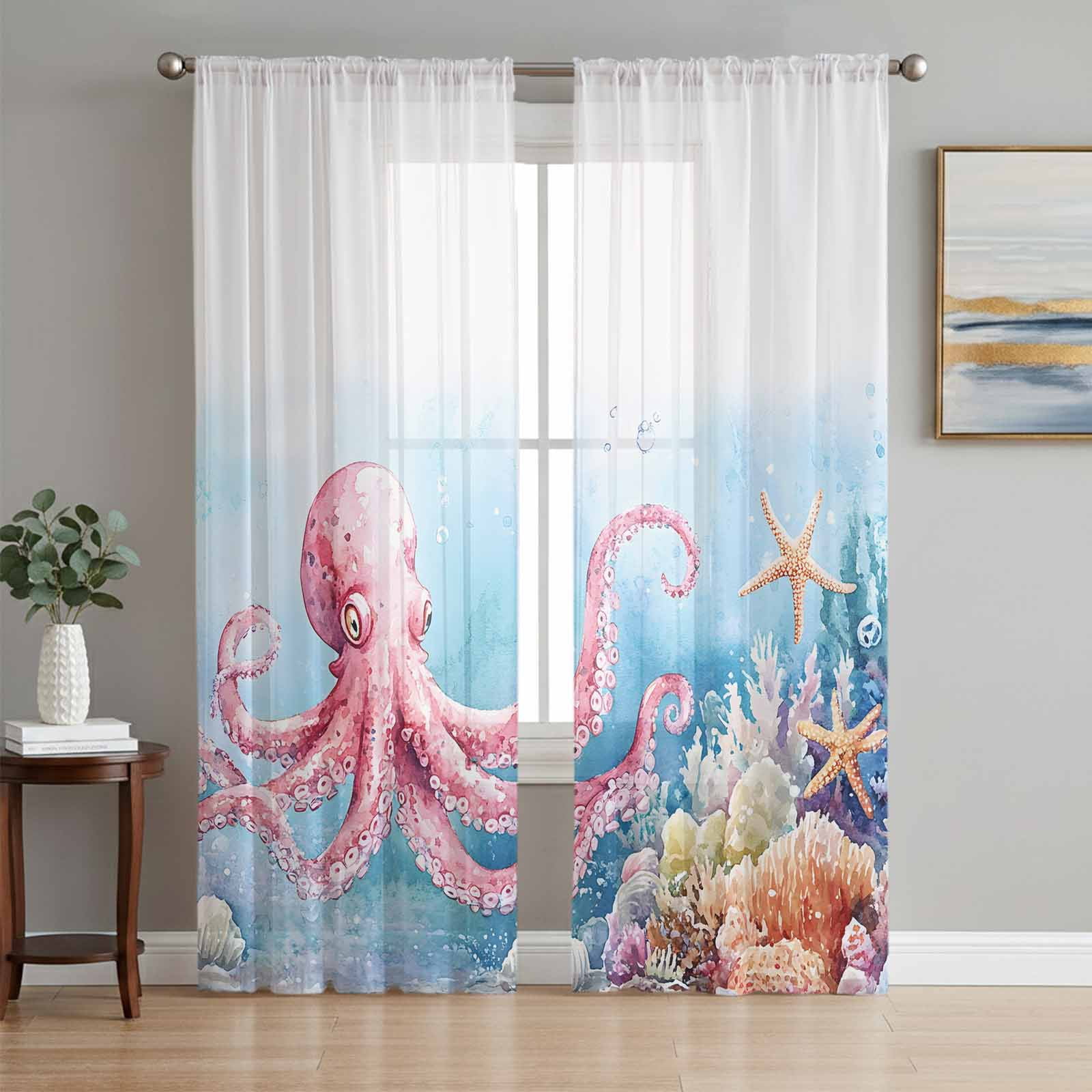 Octopus Sheer Curtains 63 Inch Length 2 Panels Set, Coastal Starfish ...