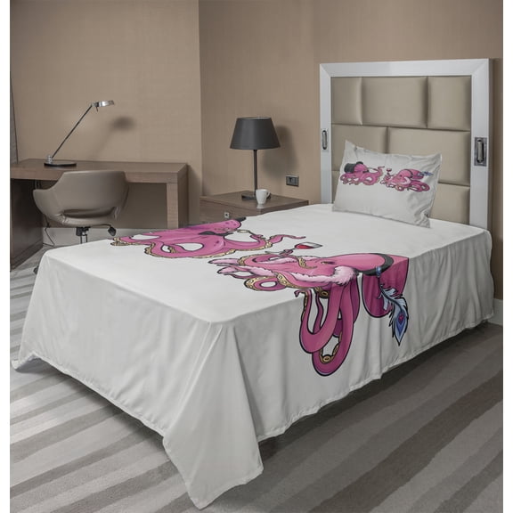 Ambesonne Octopus Fitted & Top Sheet Set with Sham, Ocean Animals Cartoon Style, Pink Grey