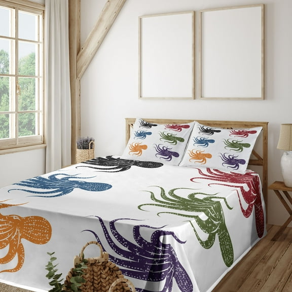 Ambesonne Octopus Fitted & Top Sheet Set with Shams, Grunge Underwater Life, Burgundy Green Black