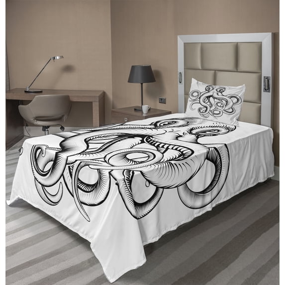 Ambesonne Octopus Fitted & Top Sheet Set with Sham, Sketch Monochrome Art, Brown White
