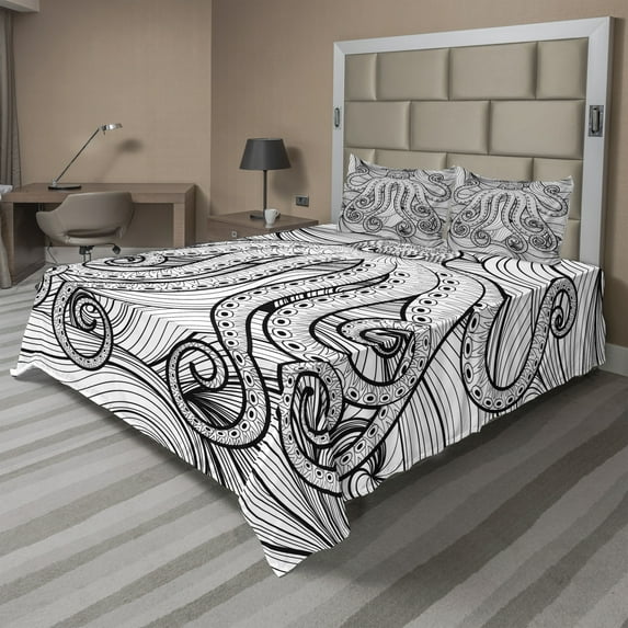 Ambesonne Octopus Fitted & Top Sheet Set with Shams, Style Mandala Motif, Black White