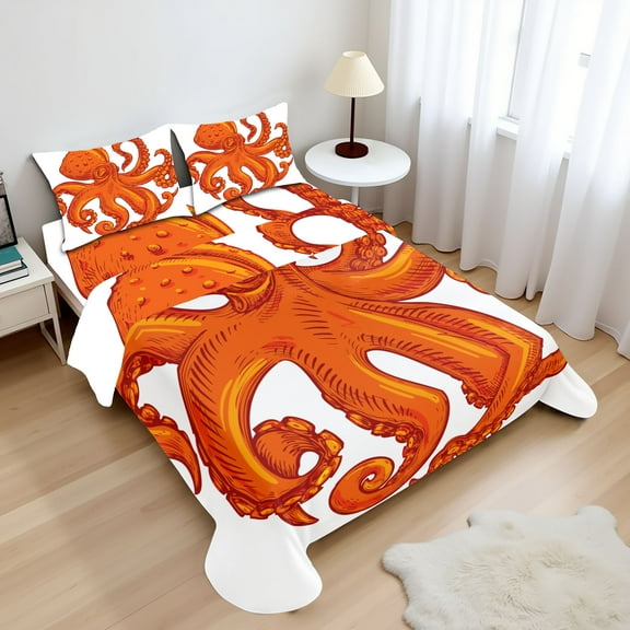 Ambesonne Octopus Fitted & Top Sheet Set with Shams, Orange Animal Wildlife, Orange White