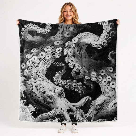 Octopus Sherpa Throw Blanket, Black and White Ocean Art, Soft Fleece Front, 30 x 40 in to 60 x 80 in