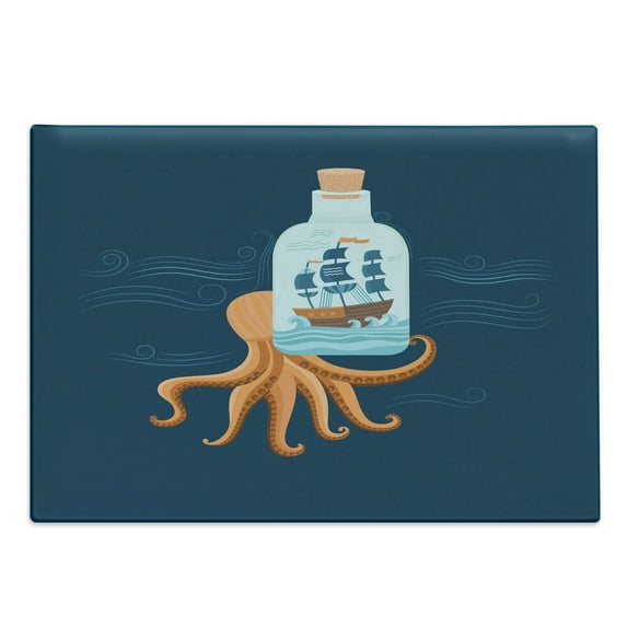 Octopus Ship Cutting Board, Ship in the Bottle Sea Waves Nautical Underwater Summer Anchor, Decorative Tempered Glass Cutting and Serving Board, in 3 Sizes, by Ambesonne