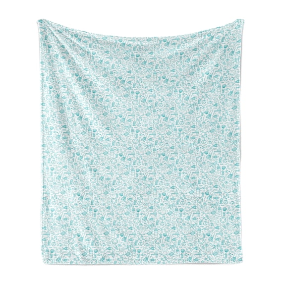Octopus Ship Soft Flannel Fleece Blanket, Doodle Turtle Nautical Sea Creatures Shell Anchor Jellyfish Whale, Cozy Plush for Indoor and Outdoor Use, 50" x 60", Dark Seafoam and White, by Ambesonne