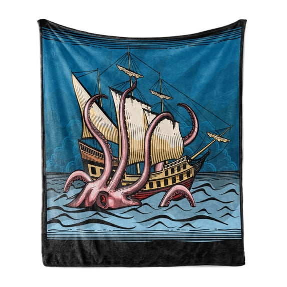 Octopus Ship Soft Flannel Fleece Blanket, Kraken Sailing Pirate Ship with Squid Sea Monster Adventure, Cozy Plush for Indoor and Outdoor Use, 60" x 80", Charcoal Grey and Multicolor, by Ambesonne