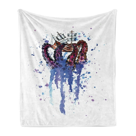 Octopus Ship Soft Flannel Fleece Blanket, Watercolor Splash Tentacles with a Ship Deep Sea Animal Fish Print, Cozy Plush for Indoor and Outdoor Use, 70" x 90", White and Multicolor, by Ambesonne