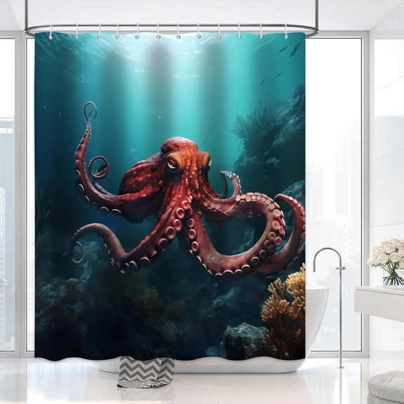 Octopus Shower Curtain for Bathroom, Deep Sea Underwater World Under The Sea Shower Curtain Set Waterproof Fabric Bathtub Curtain Art Decor with 12 Hooks, 72x72 inches