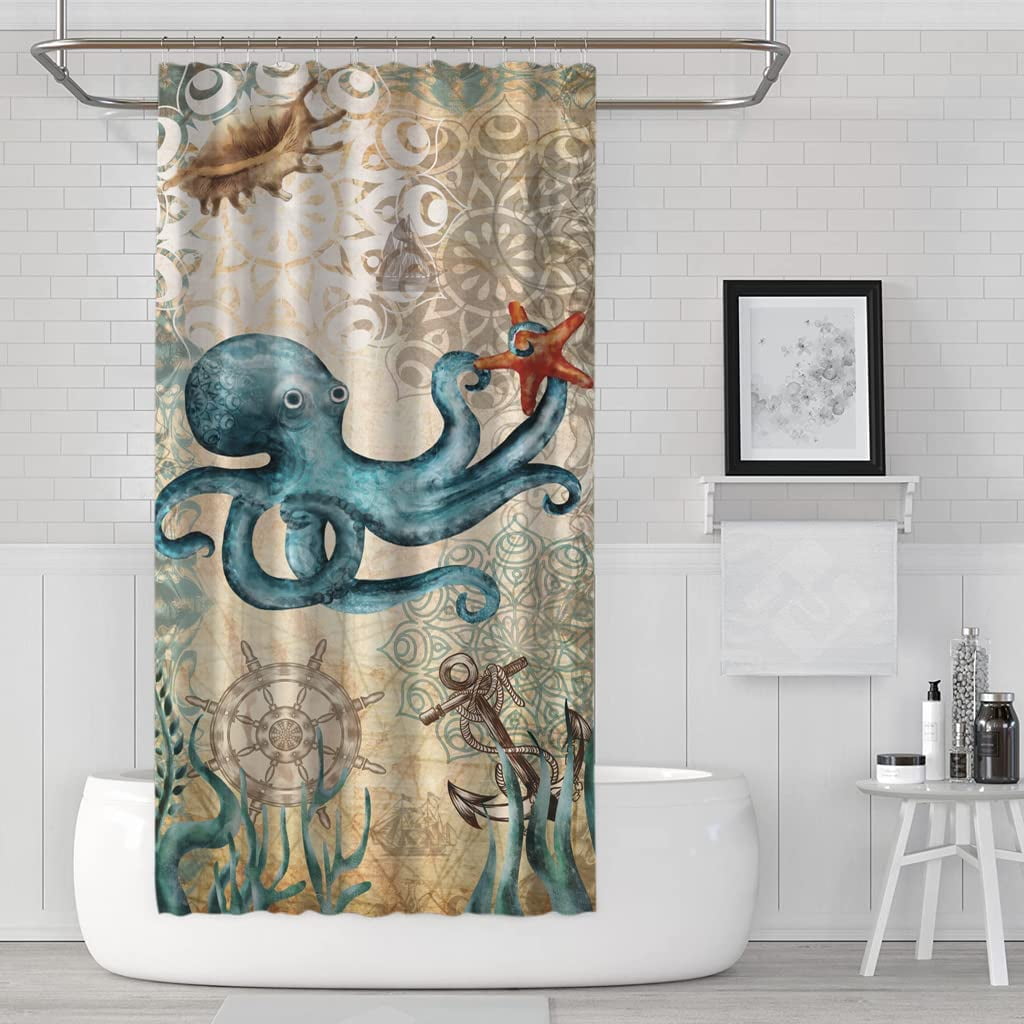 Octopus Shower Curtain Funny Blue Ocean Creature Shower Curtains Sets ...