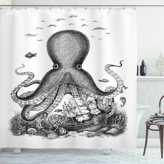 Octopus Shower Curtain, Monochrome Sketch of a Huge Sea Animal Monster near a Shipwreck in Ocean, Fabric Bathroom Set with Hooks, 69W X 70L Inches, White Charcoal Grey, by Ambesonne
