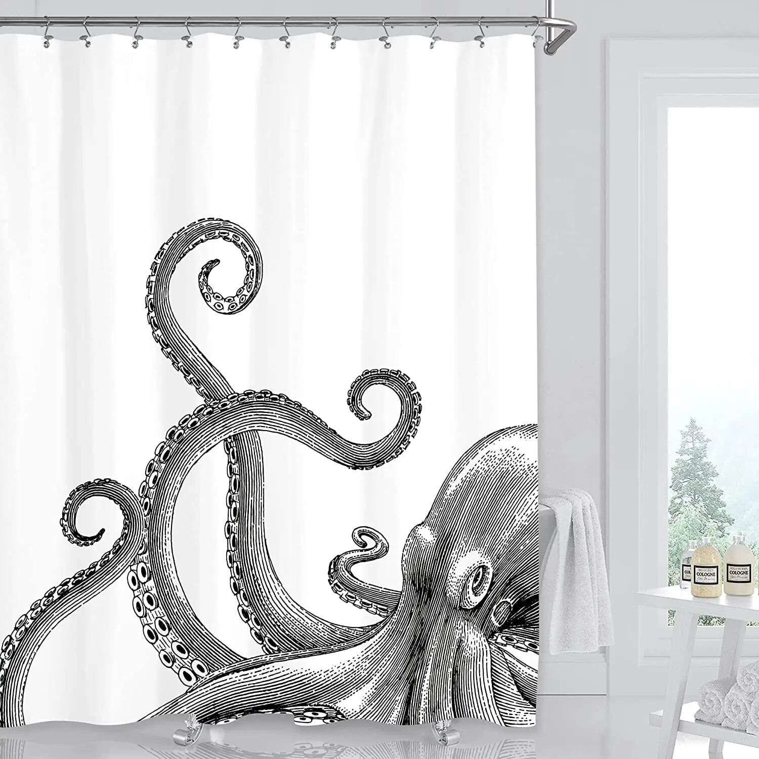 Octopus Shower Curtains Black White Tentacles Ocean Marine Animal