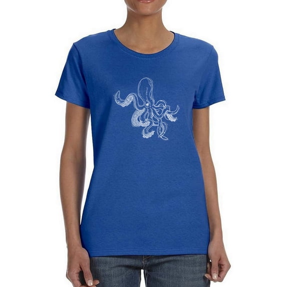 Octopus Sketch Style Graphic At Medium Front Women Royal Blue T-Shirt, Female Large