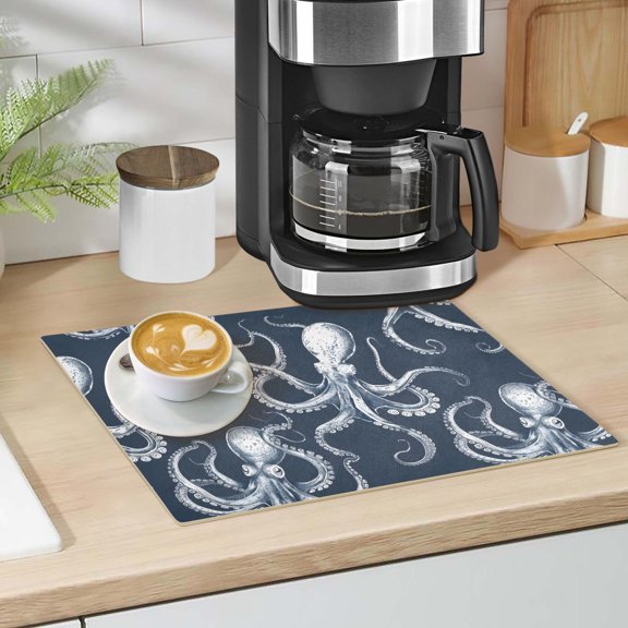 Octopus Sketchy Dish Drying Mat 12"x18" Kitchen Counter Dish Pad Microfiber Absorbent Drainer Rack for Coffee Bar