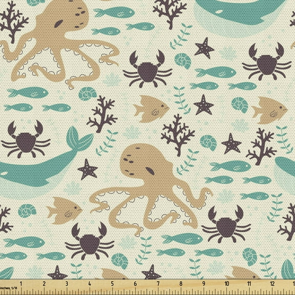 Ambesonne Octopus Fabric by the Yard Upholstery, Cartoon Sea Creatures, 3 Yards, Dark Brown Turquoise