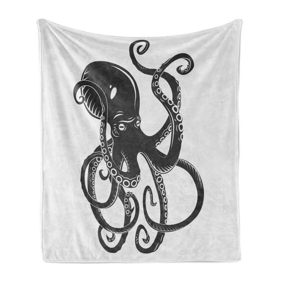 Octopus Soft Flannel Fleece Blanket, Black Danger Cartoon Octopus Characters with Curling Tentacles Swimming Underwater Art, Cozy Plush for Indoor and Outdoor Use, 50" x 60", Black, by Ambesonne