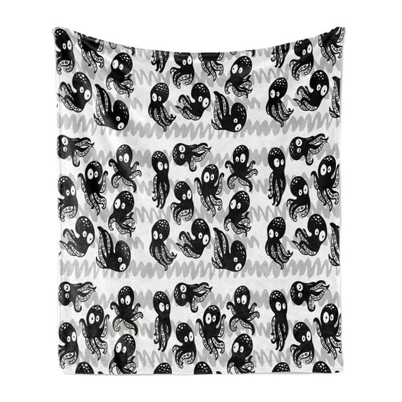 Octopus Soft Flannel Fleece Blanket, Cartoon Ocean Animals in Various Expressions Sleepy Curious Zigzag Backdrop, Cozy Plush for Indoor and Outdoor Use, 70" x 90", Black Grey White, by Ambesonne
