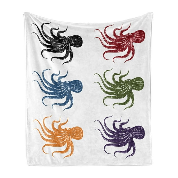 Octopus Soft Flannel Fleece Blanket, Composition Grunge Sea Nautical Aquatic Under Water Life Nature Artwork, Cozy Plush for Indoor and Outdoor Use, 50" x 70", Burgundy Green Black, by Ambesonne