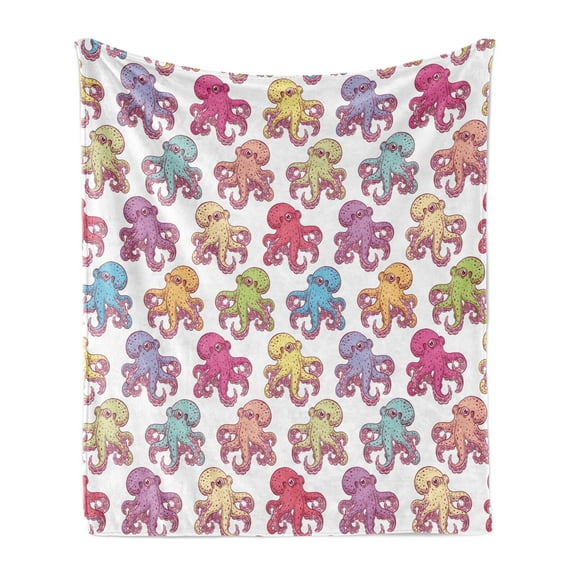 Octopus Soft Flannel Fleece Blanket, Hand Drawn Animal Pattern with Tentacles Ocean Inspirations Marine Fauna Wildlife, Cozy Plush for Indoor and Outdoor Use, 50" x 60", Multicolor, by Ambesonne