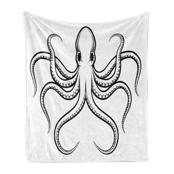 Octopus Soft Flannel Fleece Blanket, Image of an Sea Animal with Large Tentacles Depicted as Monster of All Oceans, Cozy Plush for Indoor and Outdoor Use, 70" x 90", White and Black, by Ambesonne