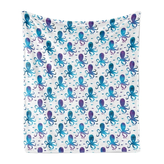 Octopus Soft Flannel Fleece Blanket, Mosaic Pattern Marine Animal Silhouettes Abstract Nautical Polygonal Design, Cozy Plush for Indoor and Outdoor Use, 60" x 80", Blue Purple White, by Ambesonne